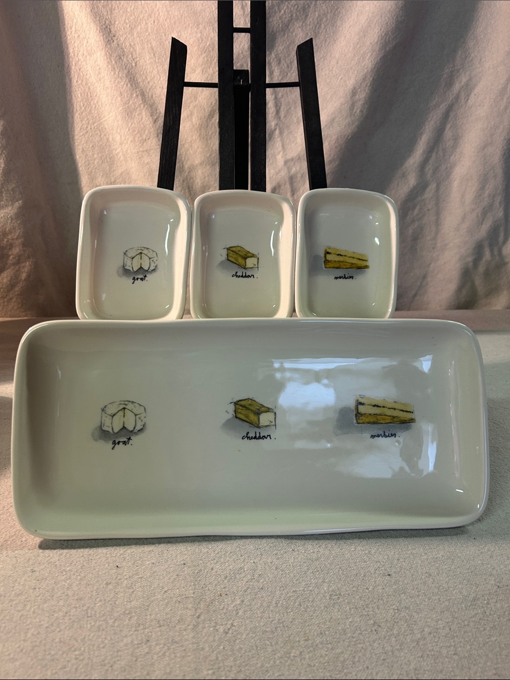 Rae Dunn White Ceramic Cheese Tray and Three Dishes with Yellow Cheese Accents